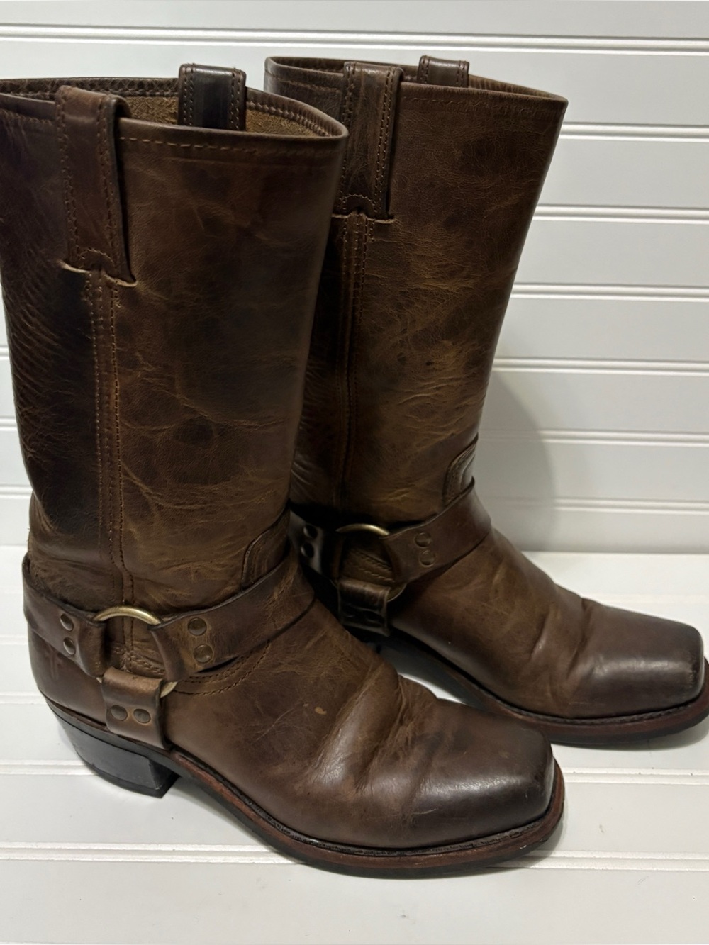 FRYE Brown Leather Vintage Biker 12R Harness Boots Distressed Womens Size 9 Wide